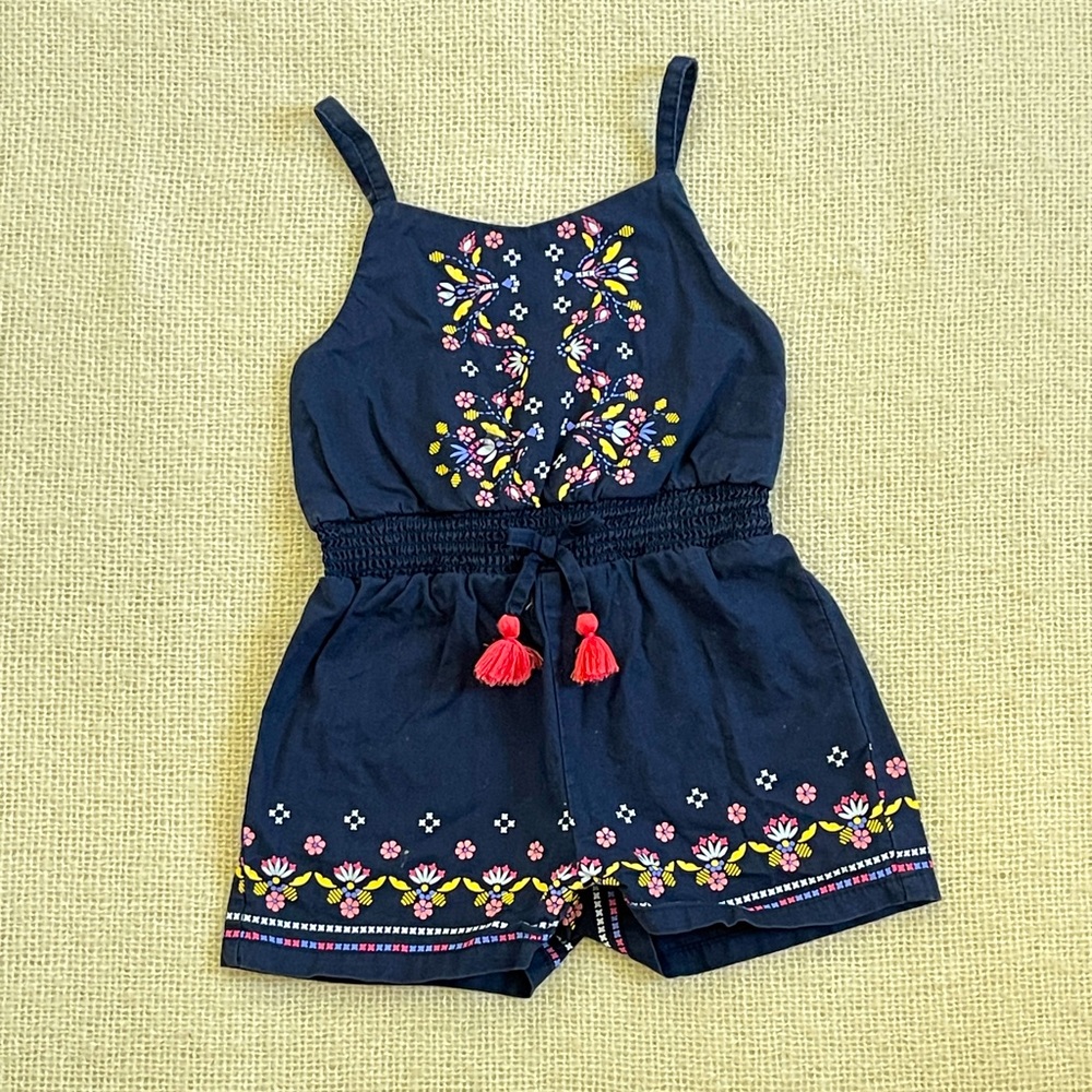 Baby girl clothes. Blue romper with thin straps. 12 months